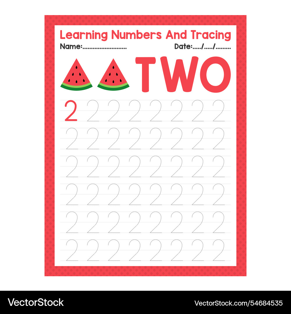 Learning number two and tracing fruits watermelon Learning number two and tracing fruits watermelon Vector Image