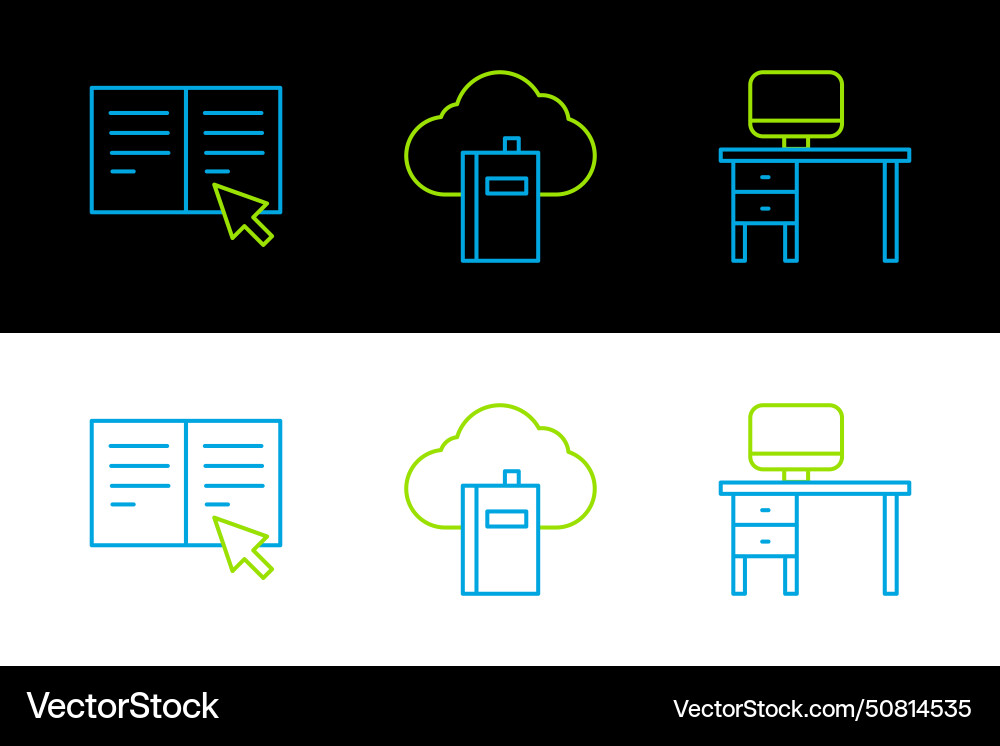 Set line computer monitor and desk online book Set line computer monitor and desk online book vector image