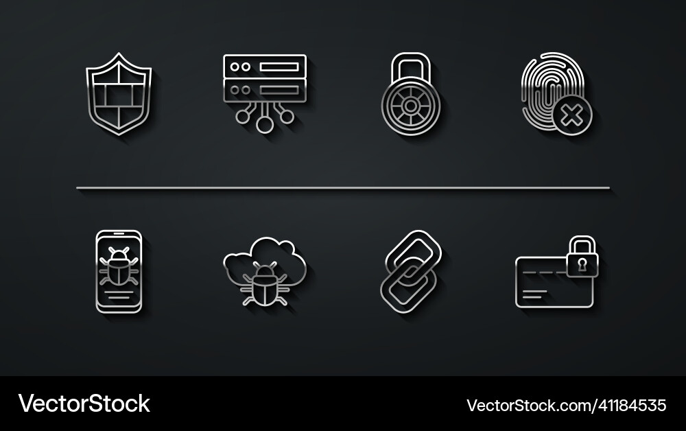 Set line shield with brick wall system bug Set line shield with brick wall system bug vector image