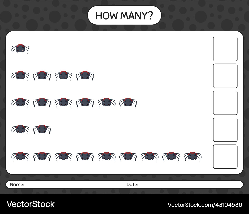 How many counting game with spider worksheet How many counting game with spider worksheet Vector Image