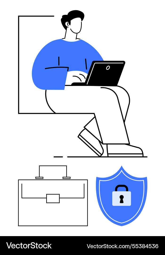 Man working on laptop with briefcase and shield Man working on laptop with briefcase and shield vector image