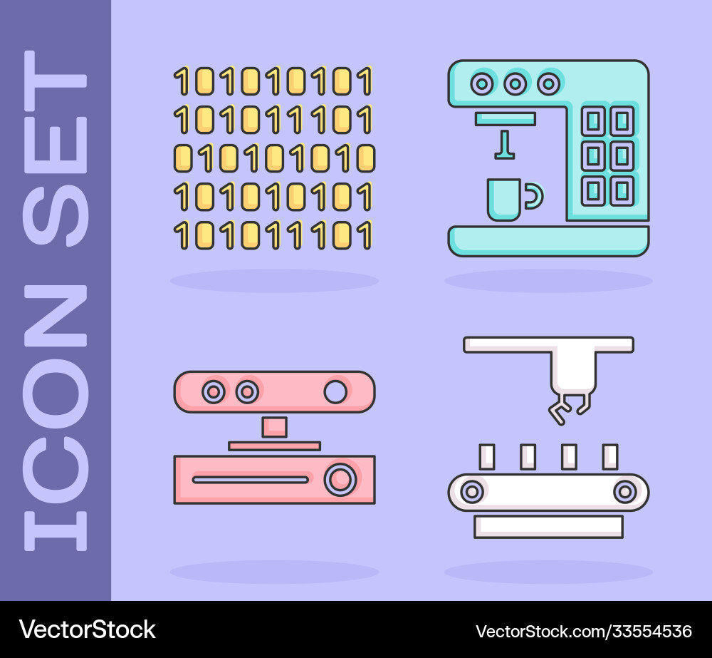 Set factory conveyor system belt binary code Vector Image