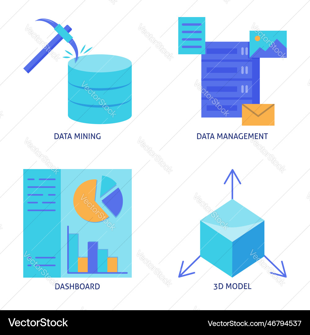 Data mining and management flat icon set Data mining and management flat icon set Vector Image