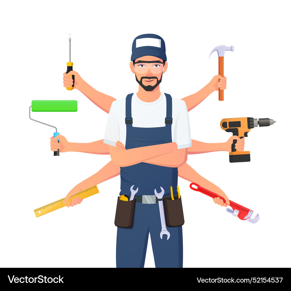 Handyman character holding multiple tools Vector Image