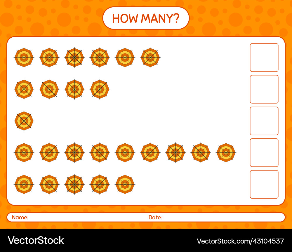 How many counting game with spider web worksheet How many counting game with spider web worksheet Vector Image