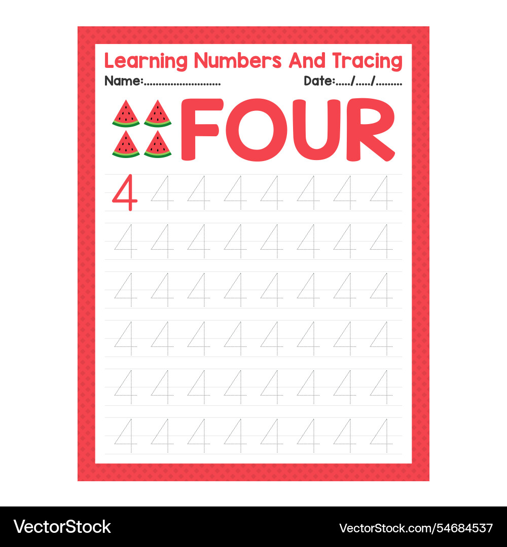 Learning number four and tracing fruits watermelon Learning number four and tracing fruits watermelon vector image