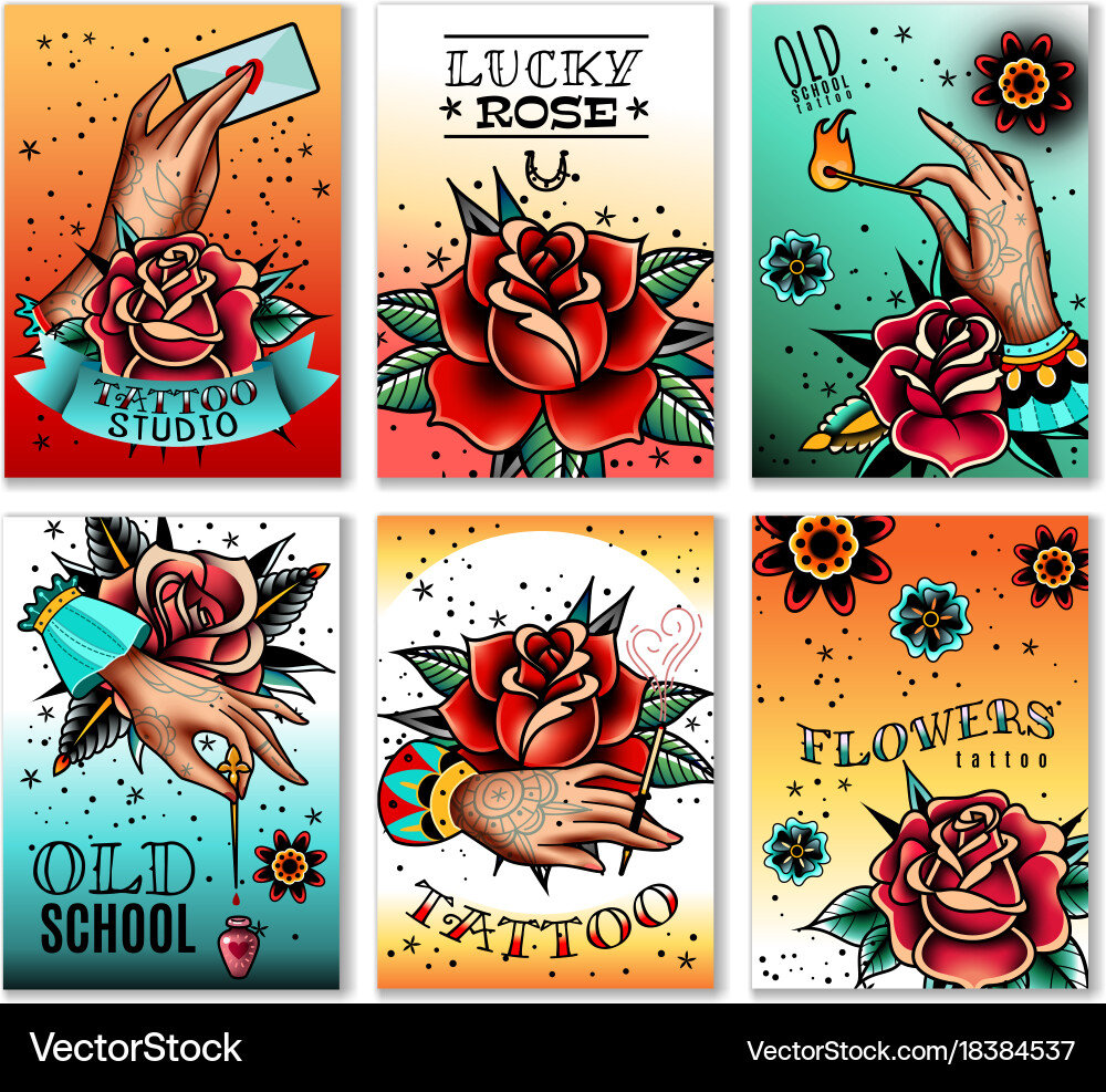 Old School Tattoo Cards - Roses & Hands vector image