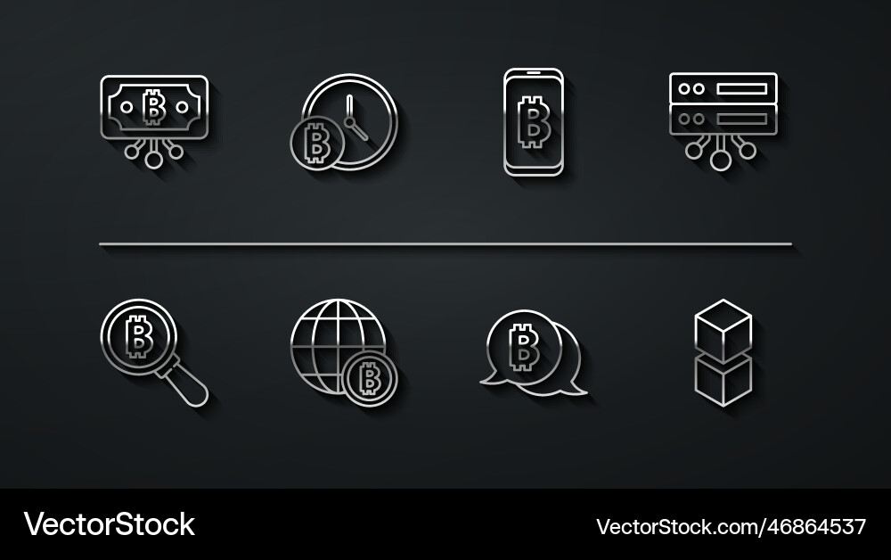 Set line bitcoin with circuit magnifying glass Set line bitcoin with circuit magnifying glass vector image