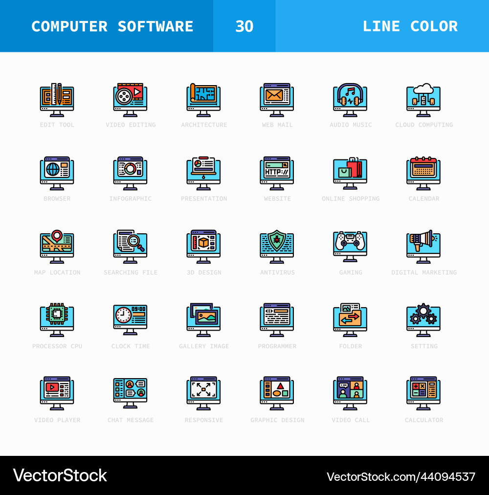 Software computer filled line color icons Software computer filled line color icons vector image