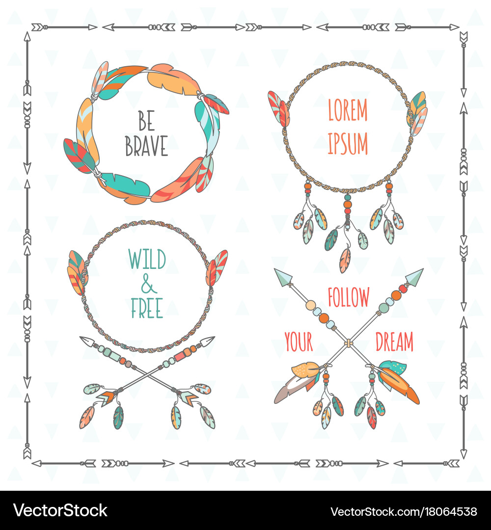 Boho Tribal Frames with Arrows & Feathers Vector Image