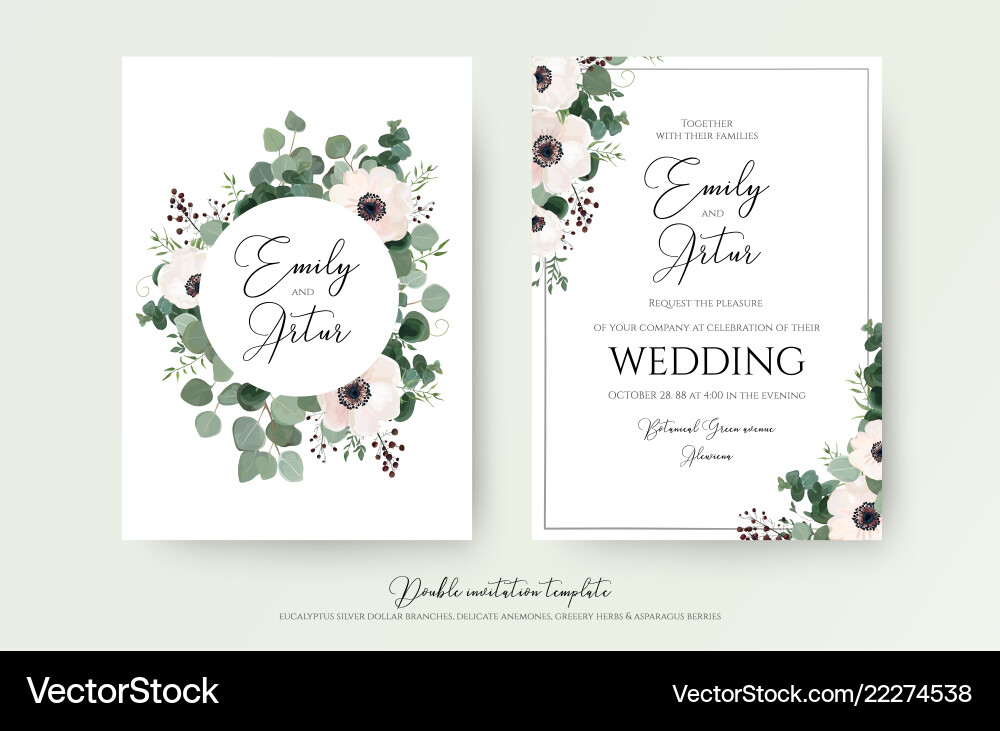 Floral Wedding Invitation - Anemone & Eucalyptus Vector Image