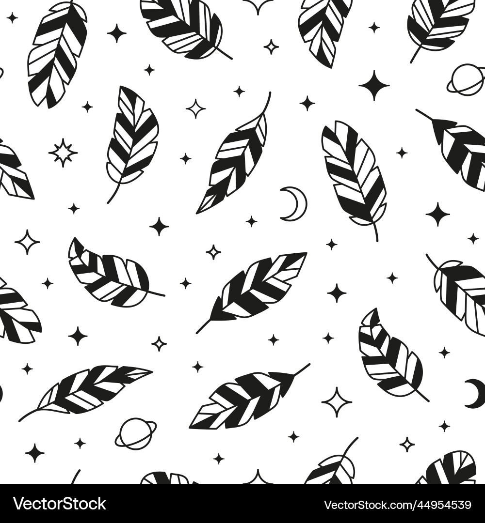 Seamless pattern with feathers moon planets stars Seamless pattern with feathers moon planets stars vector image