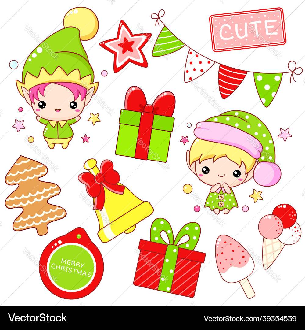 Set of merry christmas day icons in kawaii style Set of merry christmas day icons in kawaii style Vector Image