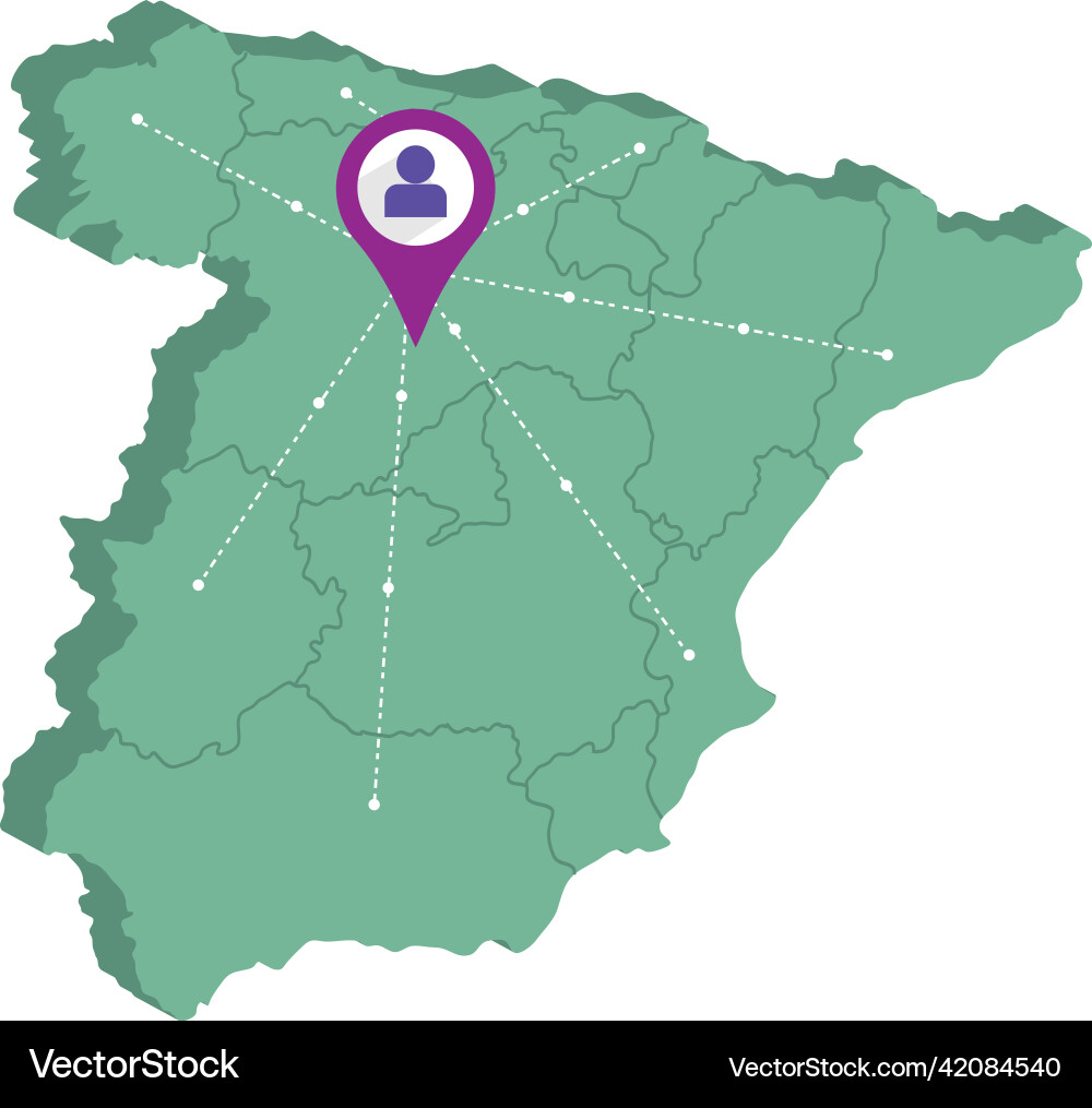 Isolated 3d render map of spain with a pin vector image