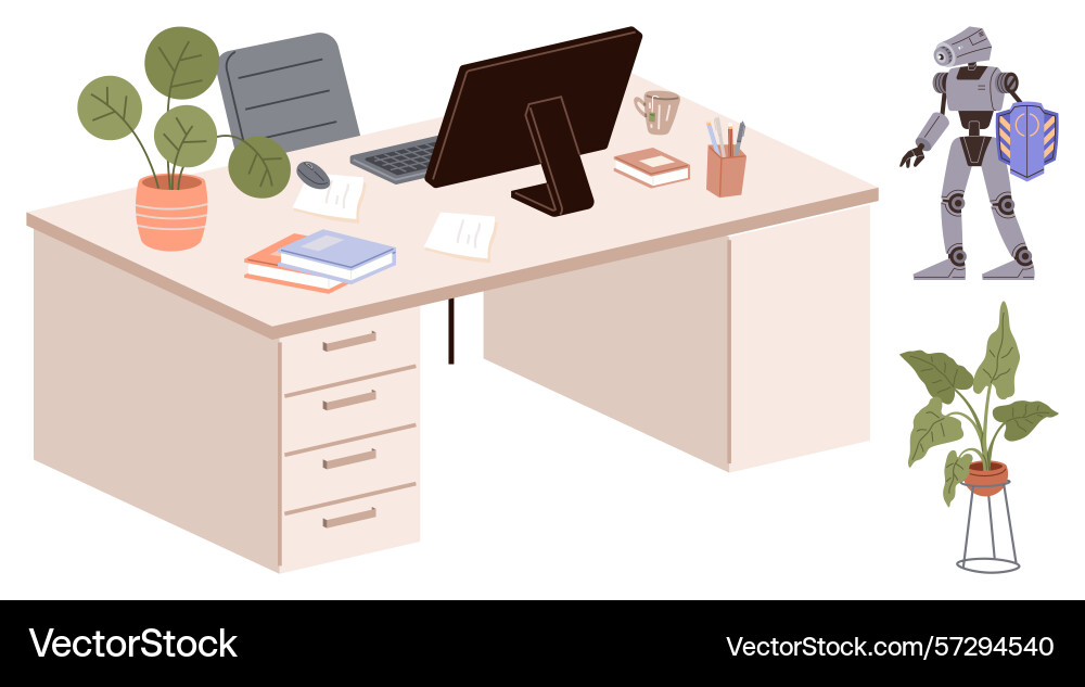Modern workspace with robot assistant and simple Modern workspace with robot assistant and simple vector image