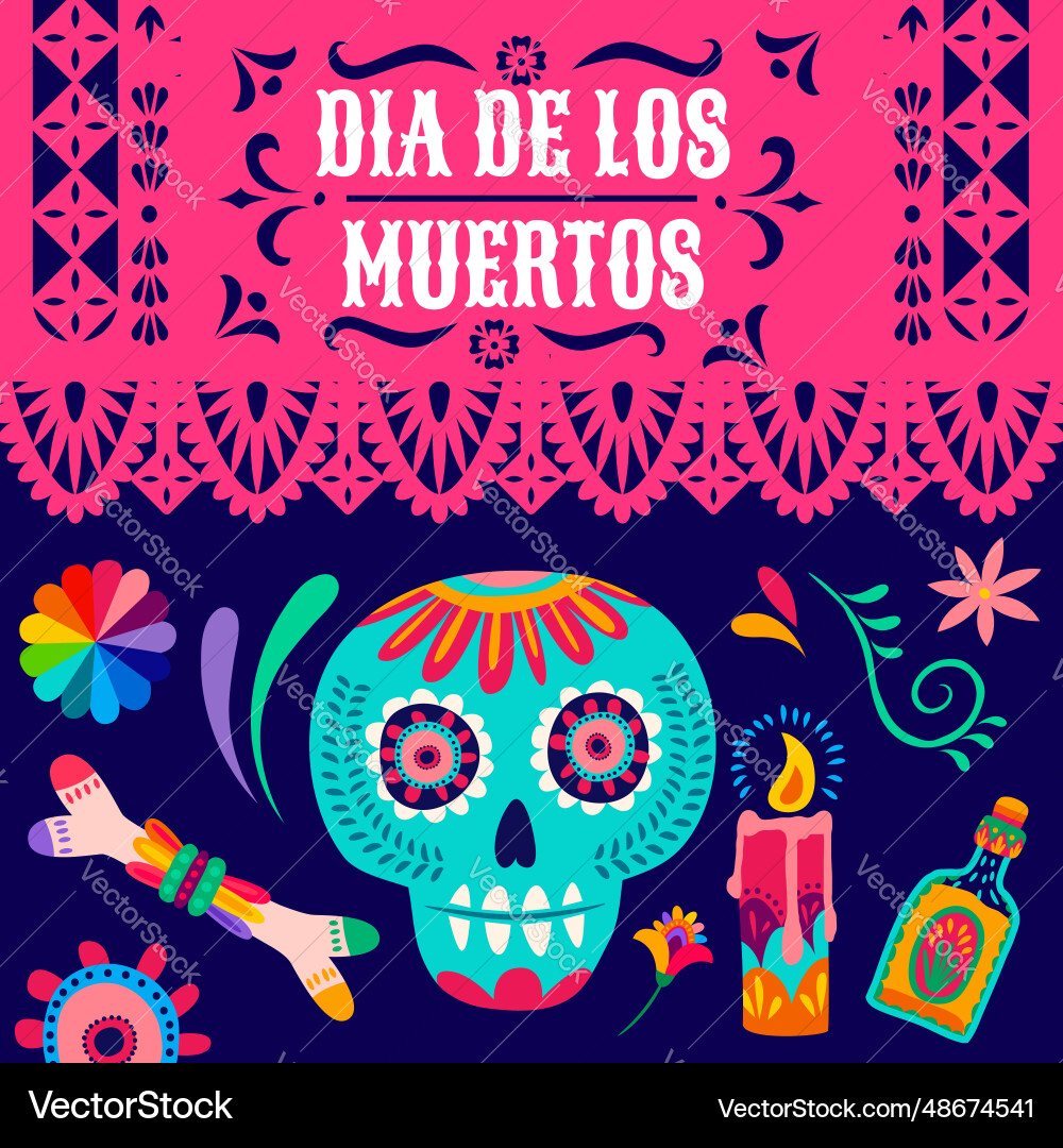 Day of dead mexican holiday skull candle tequila Day of dead mexican holiday skull candle tequila vector image