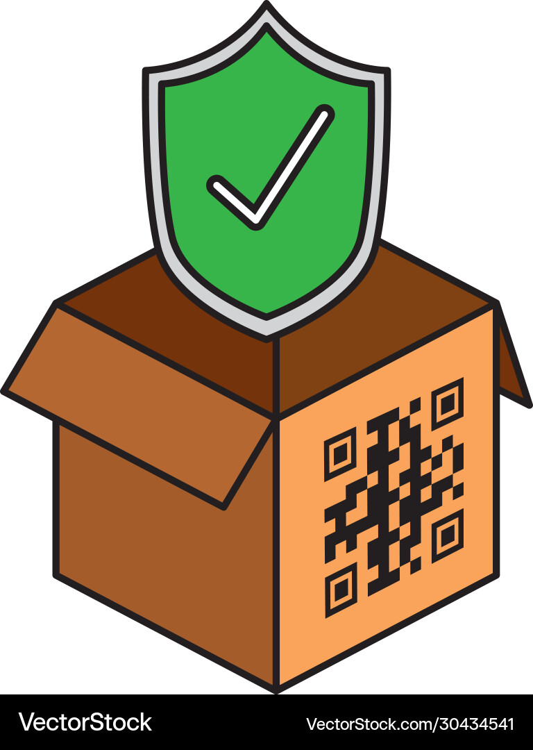Qr code over box and shield design vector image