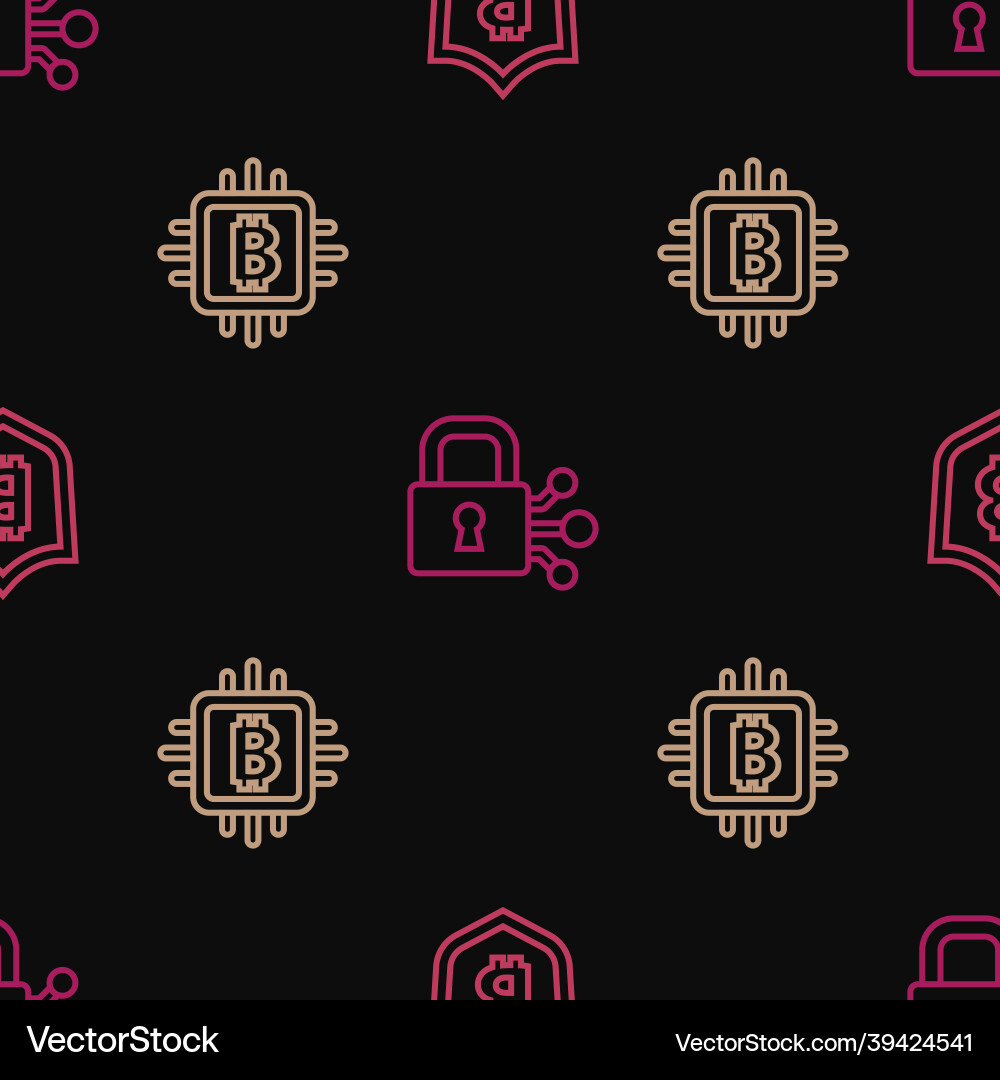 Set line shield with bitcoin cpu mining farm Set line shield with bitcoin cpu mining farm vector image