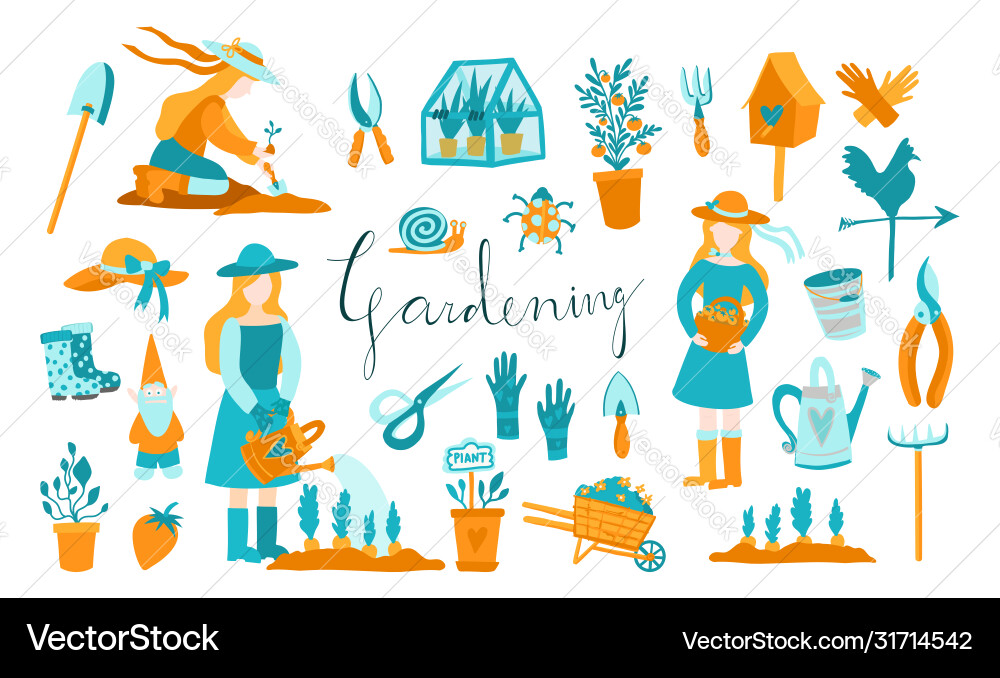 Gardening set icons and characters design Gardening set icons and characters design vector image