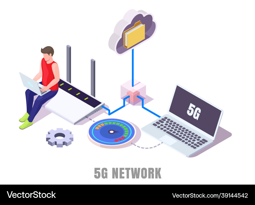 Man working on laptop testing high speed internet Man working on laptop testing high speed internet vector image