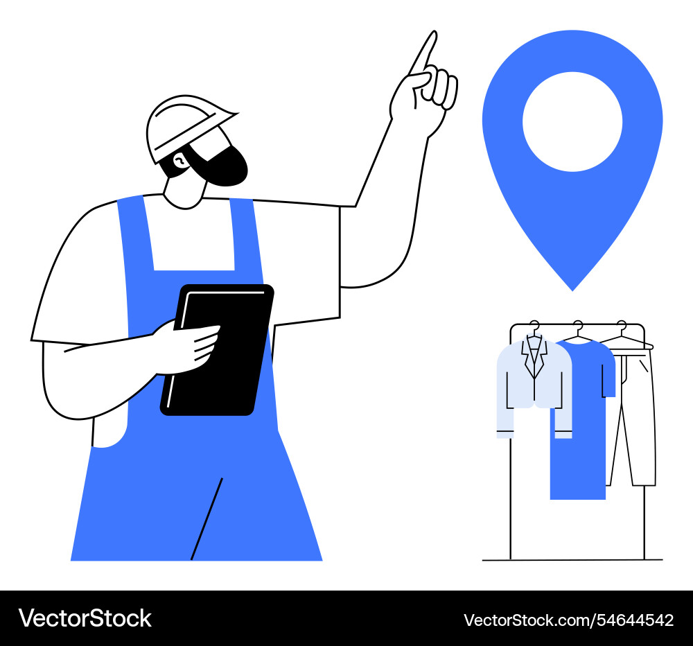 Worker with clipboard pointing towards location Worker with clipboard pointing towards location Vector Image