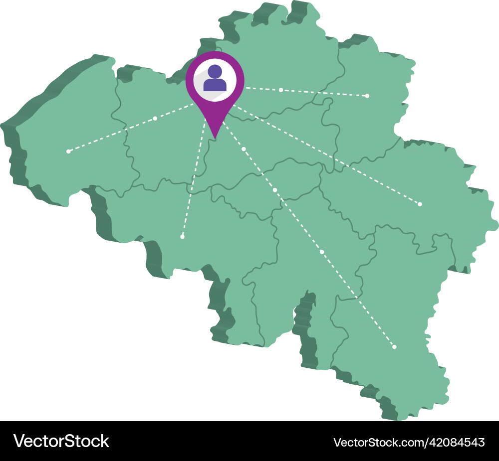 Isolated 3d render map of belgium with a pin vector image