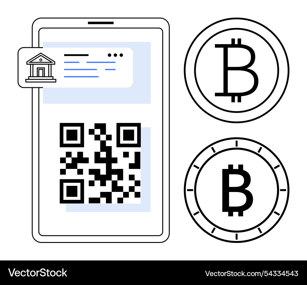 Smartphone displaying qr code and bitcoin symbols Smartphone displaying qr code and bitcoin symbols vector image