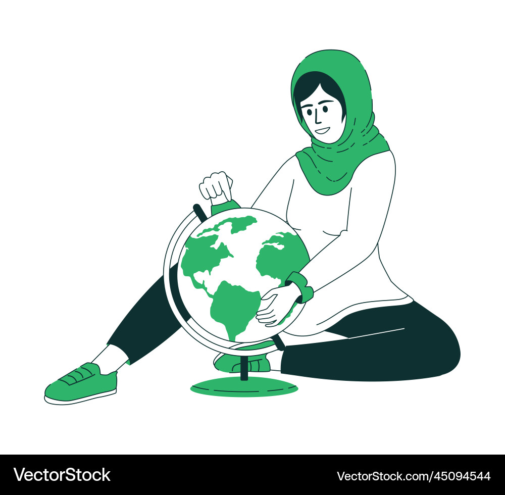 Lady finding location on globe flat color linear Lady finding location on globe flat color linear vector image
