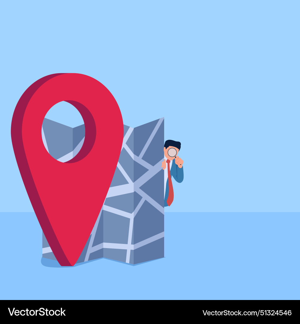 Man carrying magnify behind map and pin metaphor Vector Image