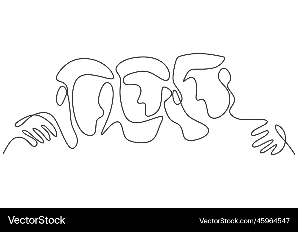 Three boys hugging each other in continuous line Three boys hugging each other in continuous line vector image