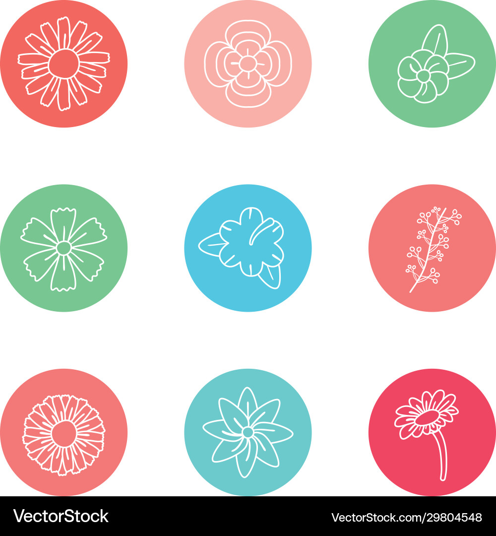 Flowers inside circles line block style icon set Vector Image