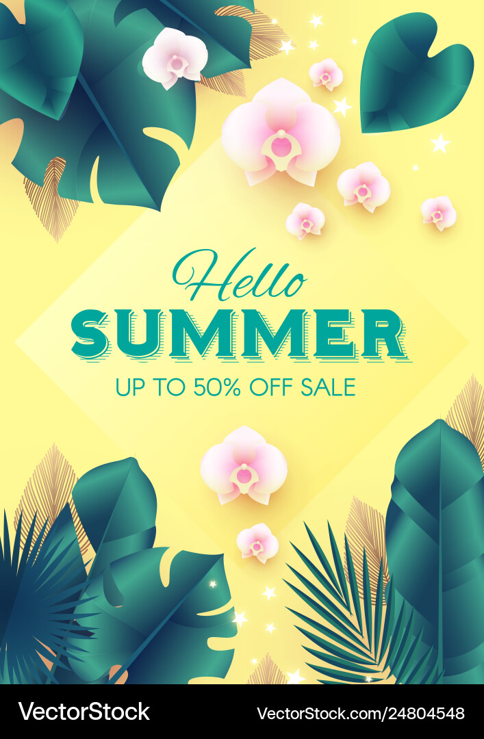 Hello summer tropical design template with palm vector image