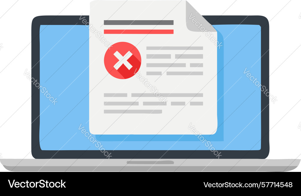 Laptop with document and red cross error or vector image