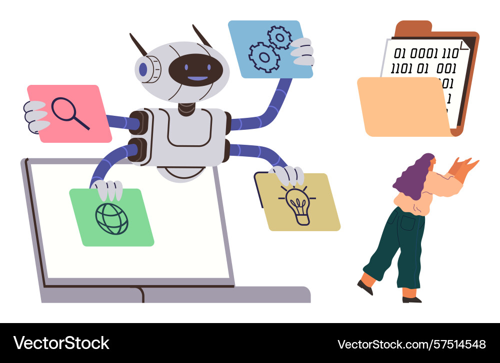Robot managing multiple tasks with digital files Robot managing multiple tasks with digital files vector image