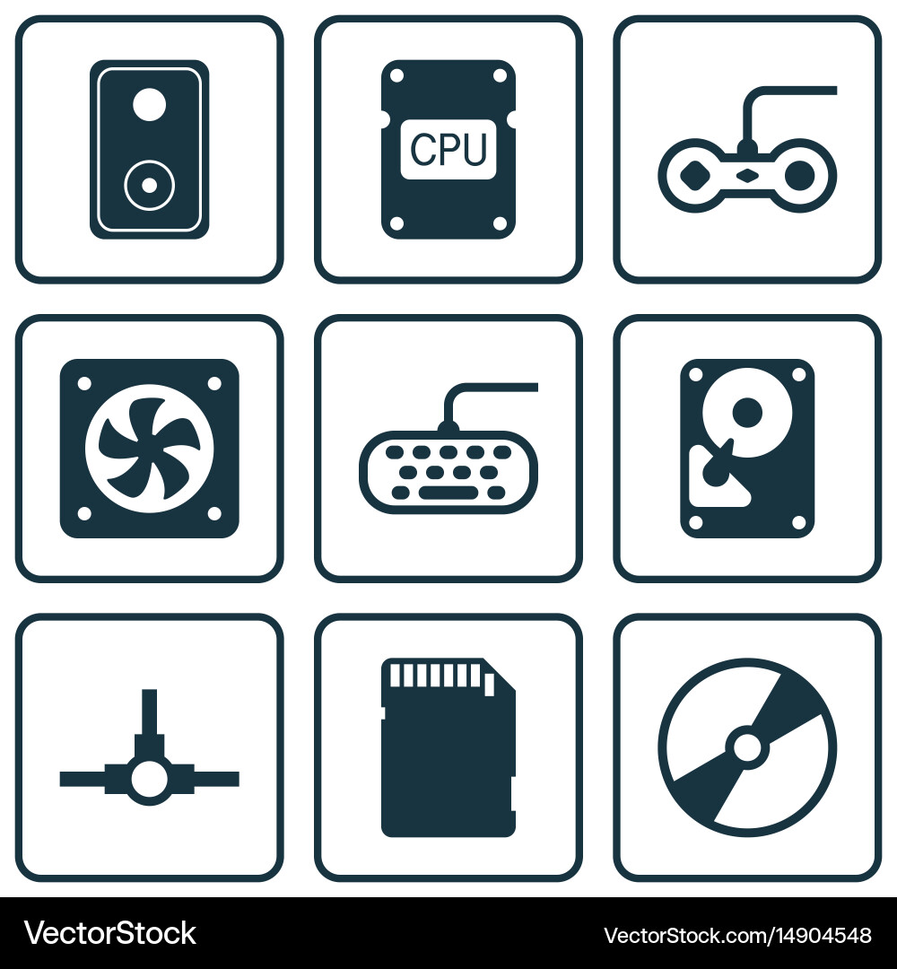 Set of 9 computer hardware icons includes audio Vector Image