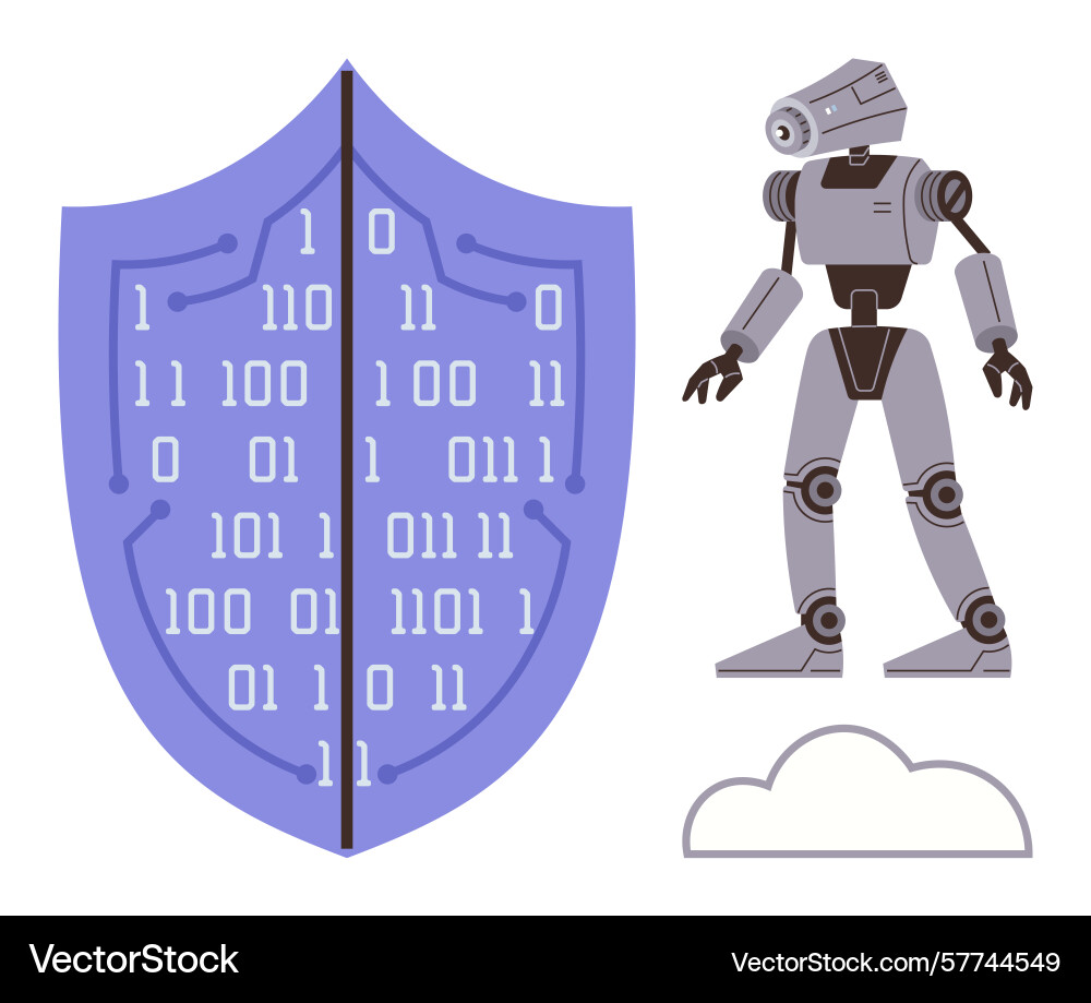 Cybersecurity with robot binary shield and cloud Cybersecurity with robot binary shield and cloud vector image