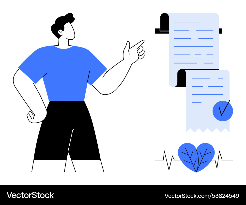 Person pointing at document with heart and check Person pointing at document with heart and check vector image