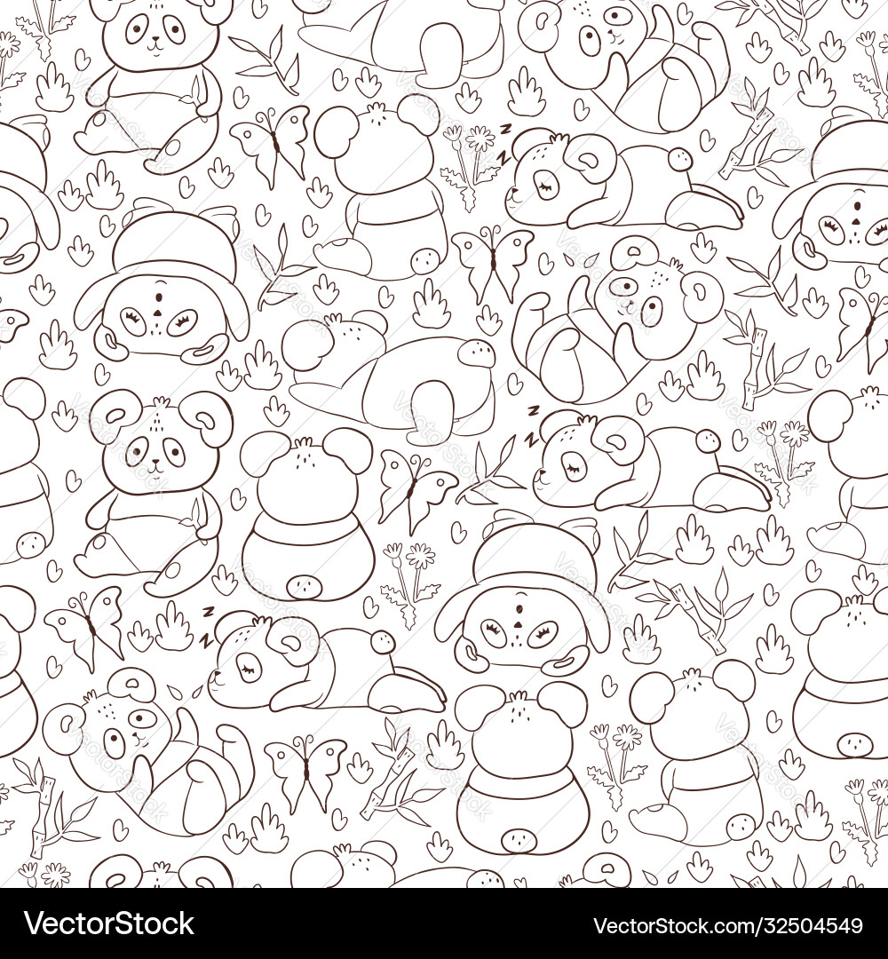 Seamless pattern with pandas outlines on a white Seamless pattern with pandas outlines on a white vector image