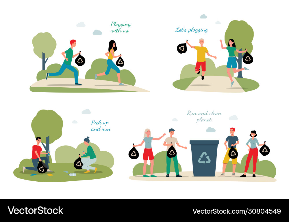 Set for plogging challenge with running people Vector Image