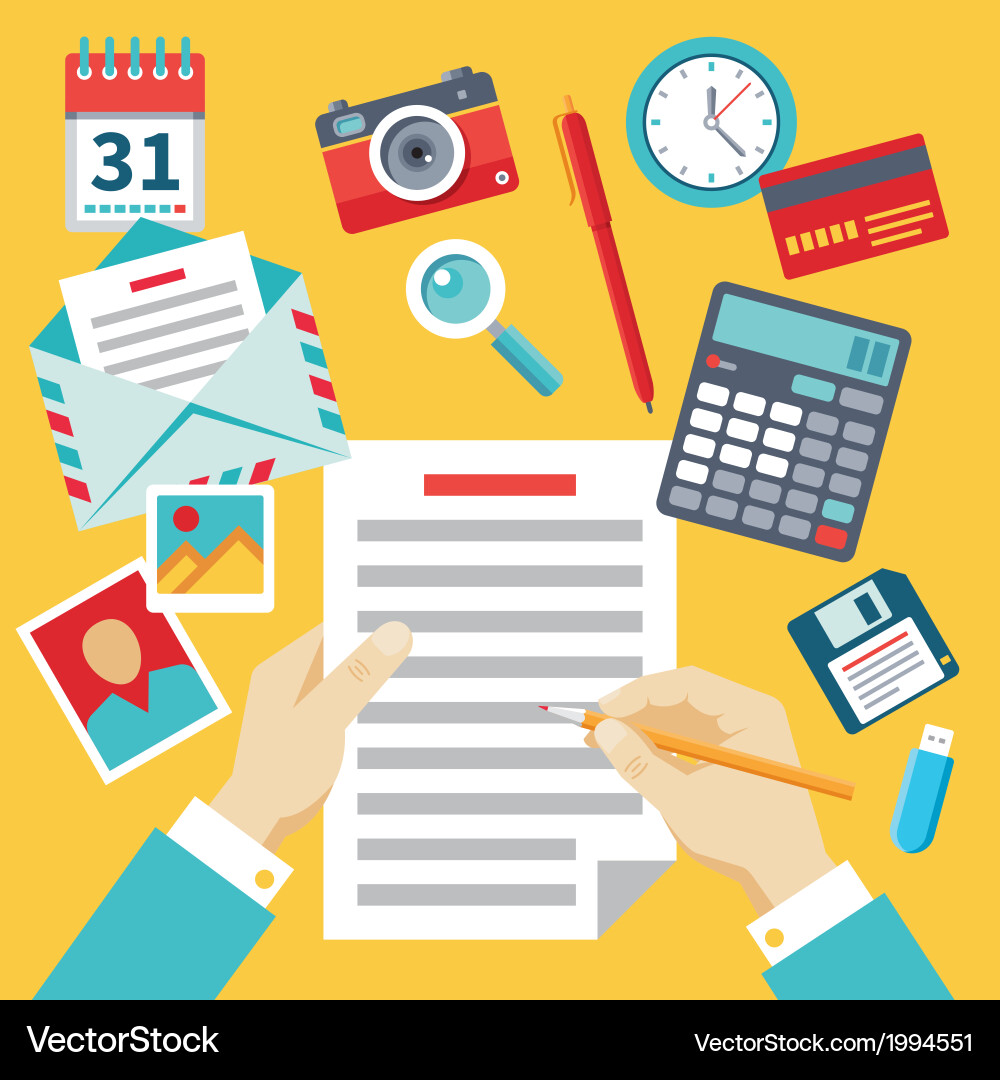 Document with hands and icons - flat style vector image