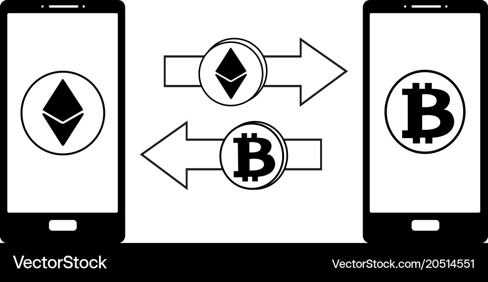 Exchange between ethereum and bitcoin in the phone vector image
