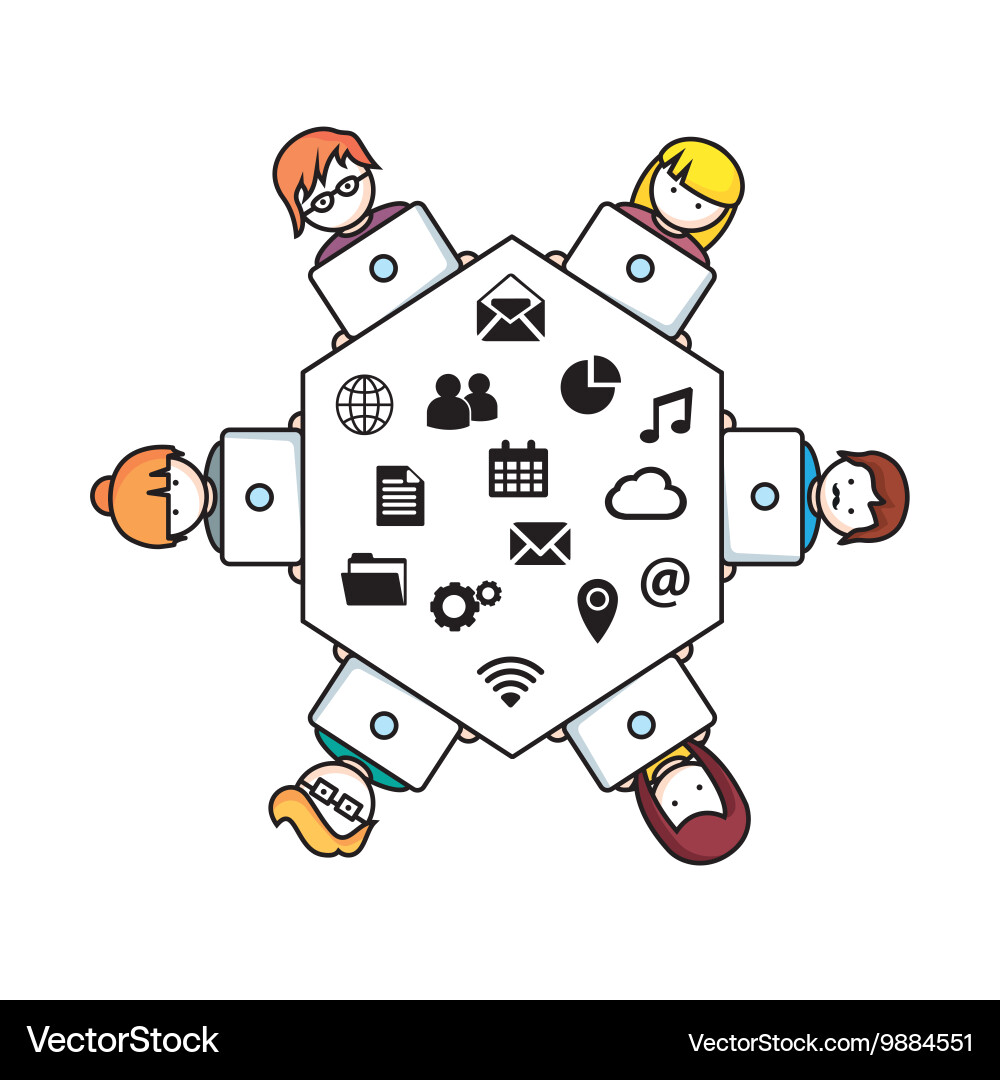 Set of people with computer icons in line style Vector Image
