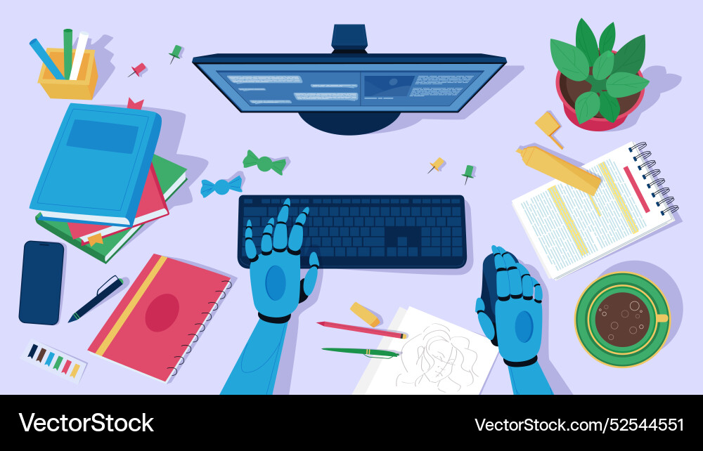 Work of artificial intelligence on tasks top view Work of artificial intelligence on tasks top view vector image
