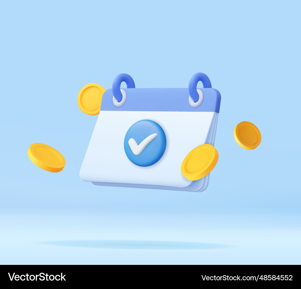 3d calendar with coin and check mark 3d calendar with coin and check mark vector image