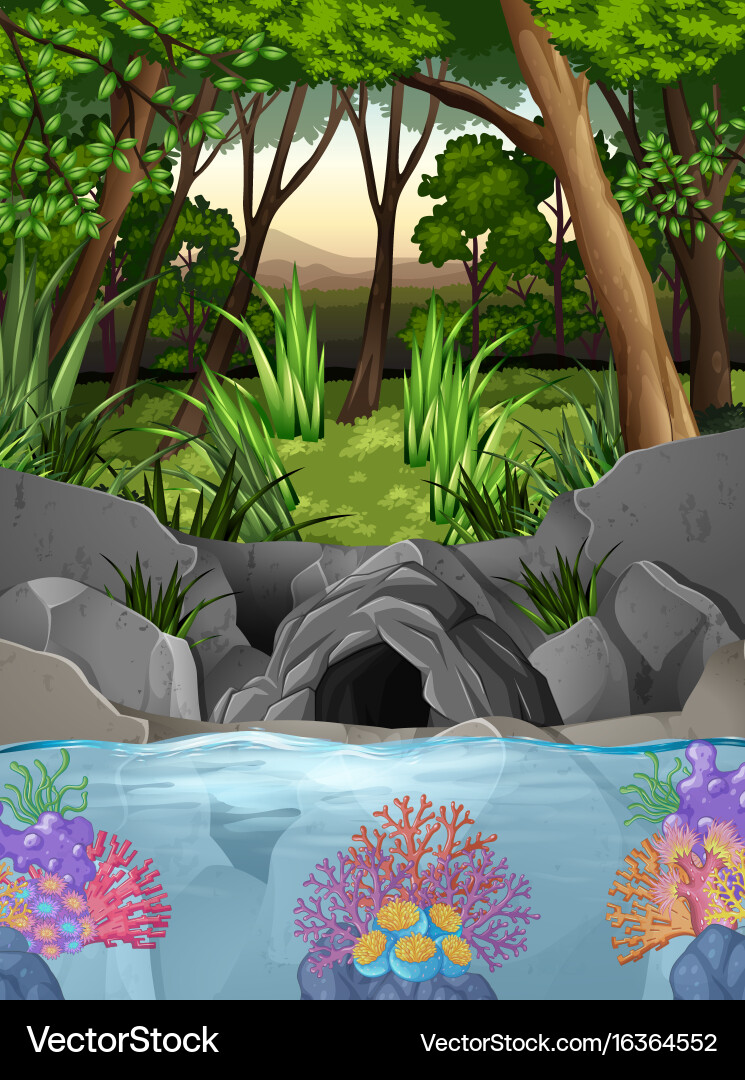 Forest scene with cave and trees Vector Image