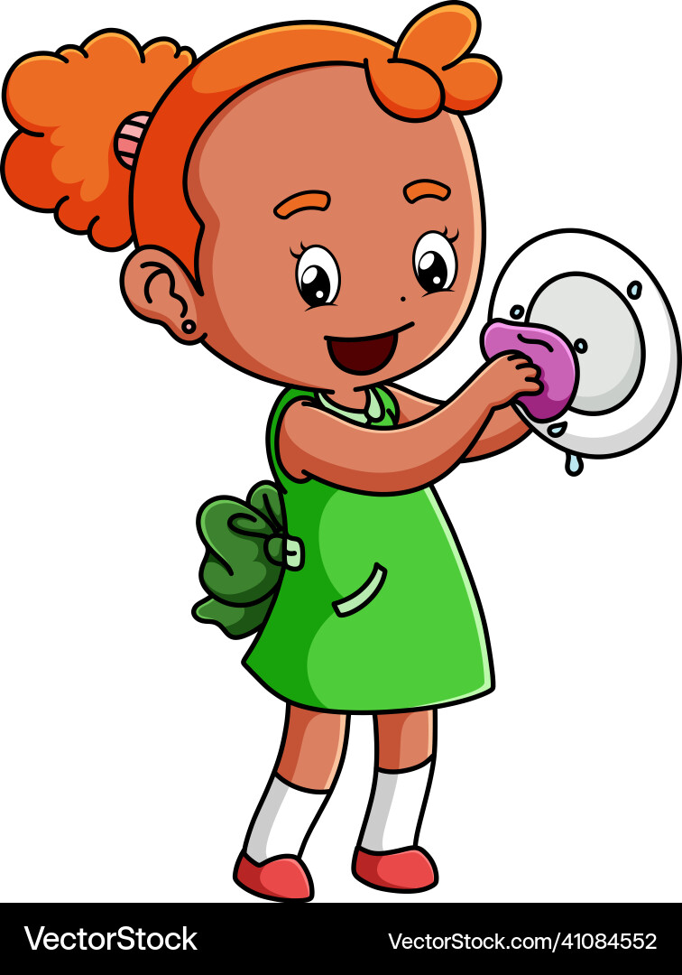 Happy girl is washing the plate with sponge Happy girl is washing the plate with sponge Vector Image