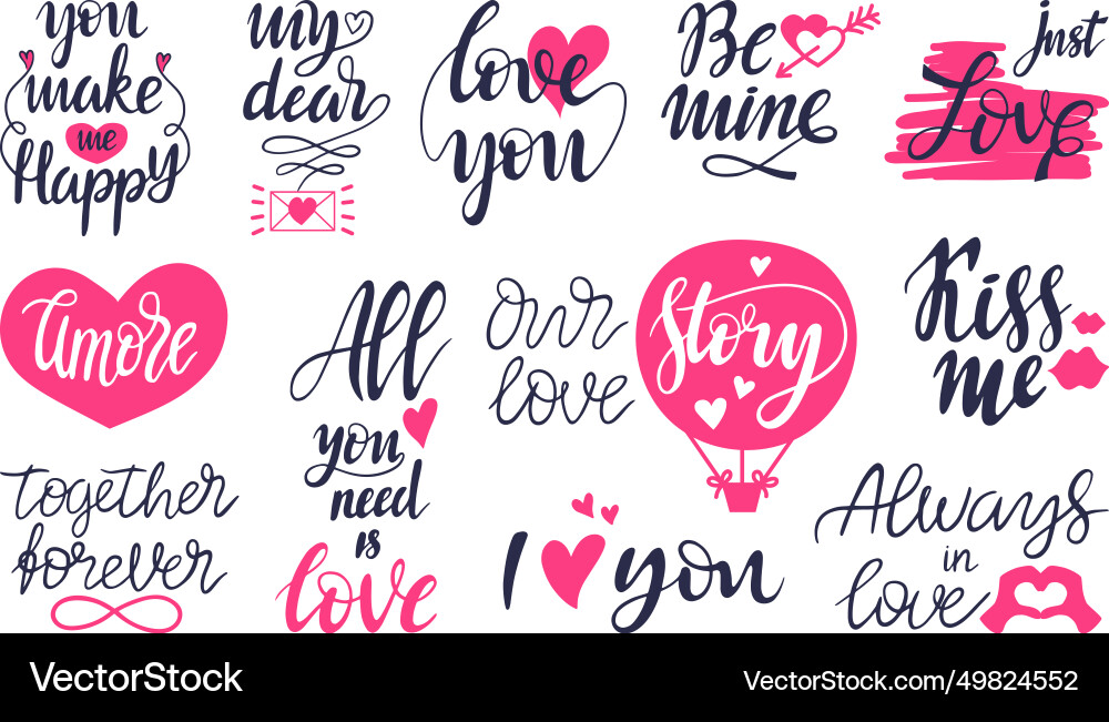 Love lettering quotes with hearts decorative Love lettering quotes with hearts decorative vector image