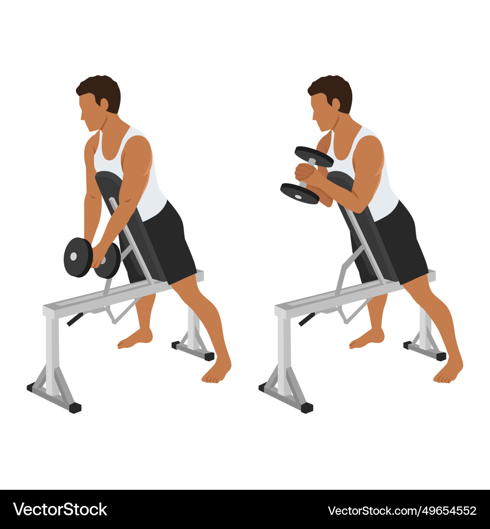 Man doing single dumbbell spider hammer curl Man doing single dumbbell spider hammer curl vector image