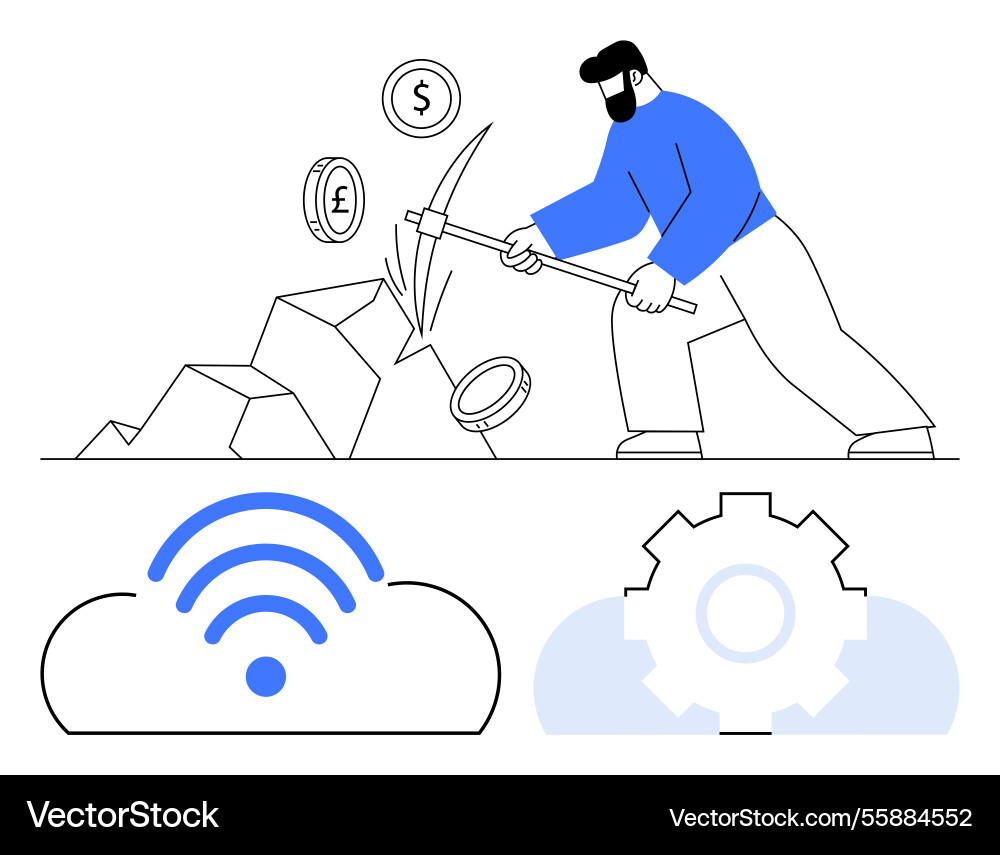 Man mining coins with pickaxe amid rocks Man mining coins with pickaxe amid rocks vector image
