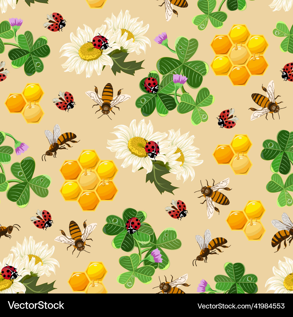 Bees and ladybugs in a pattern Vector Image